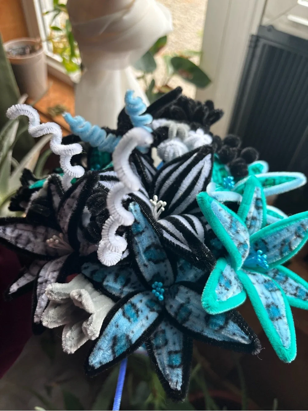 Large Handmade Teal & Black Floral Bouquet